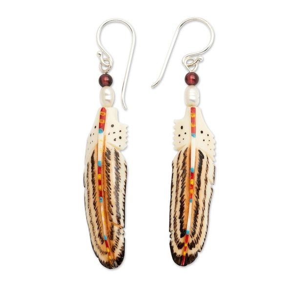 Alternate image for Natural Garnet and Cultured Pearl Feather Dangle Earrings Rich Feathers