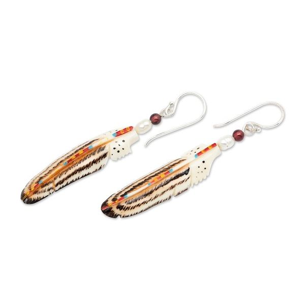 Alternate image for Natural Garnet and Cultured Pearl Feather Dangle Earrings Rich Feathers