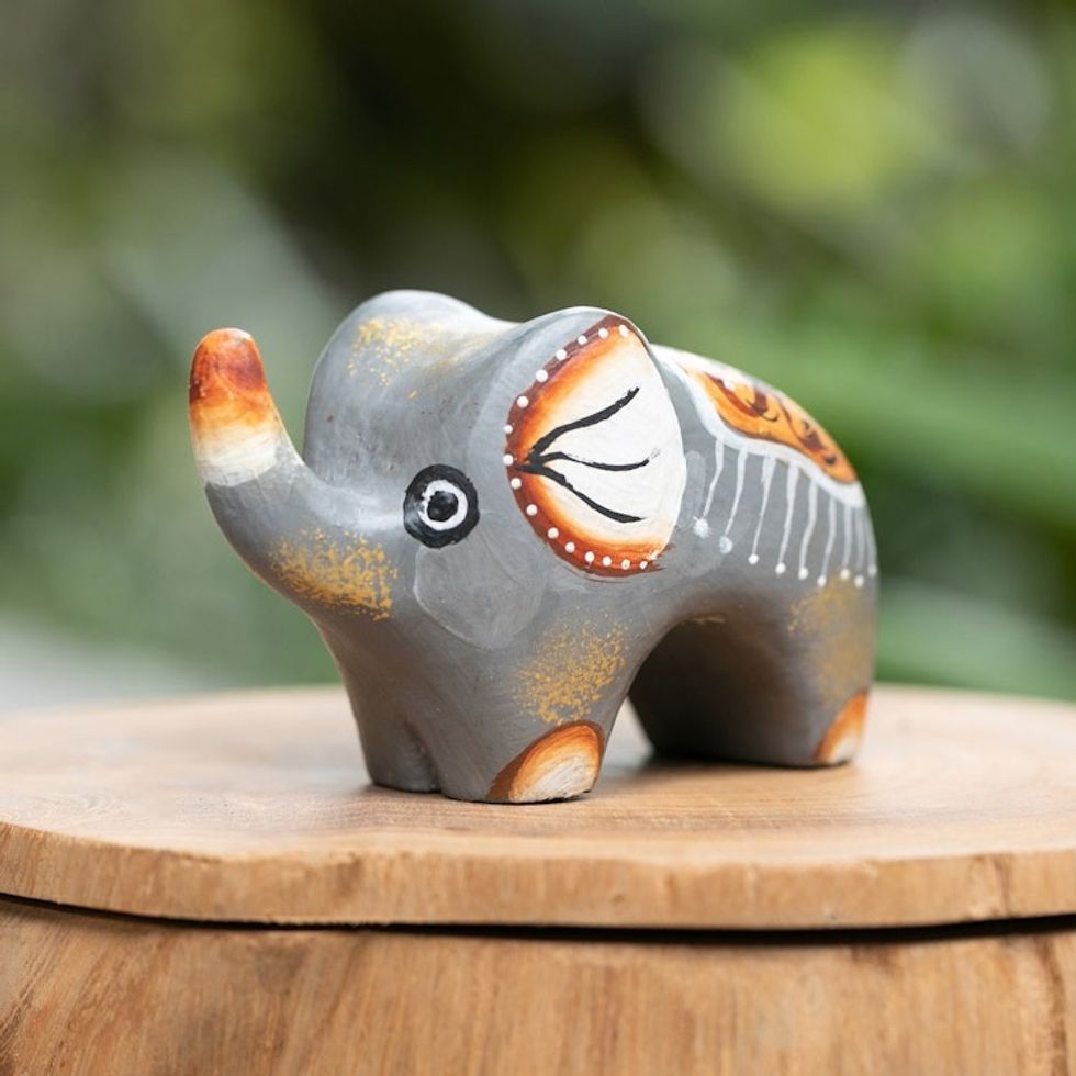 Hand-Painted Suar Wood Elephant Figurine Crafted in Bali 'Cute Giant'