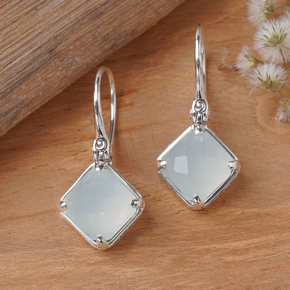 Folk Art-Inspired 1-Carat Faceted Chalcedony Dangle Earrings 'Harmony of Buddha'