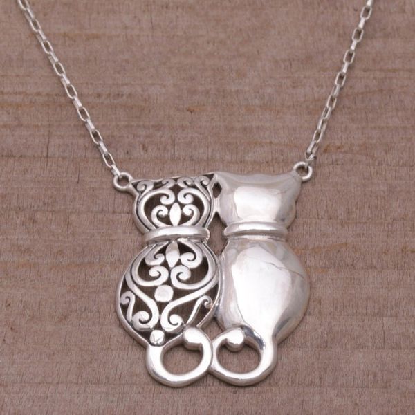 Alternate image for Sterling Silver Cat Pendant Necklace from Bali Romantic Kittens