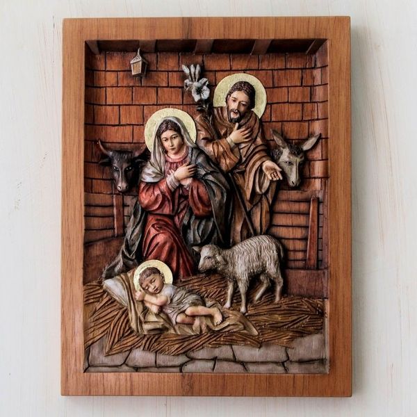 Alternate image for Artisan Crafted Cedar Wood Nativity Scene Relief Sculpture In a Stable in Bethlehem