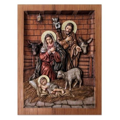 Alternate image for Artisan Crafted Cedar Wood Nativity Scene Relief Sculpture In a Stable in Bethlehem