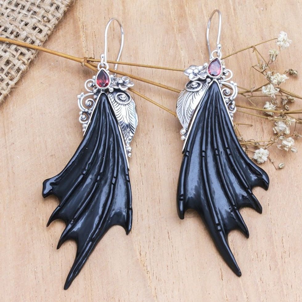 Horn Garnet Sterling Silver Wing Dangle Earrings from Bali 'Wings of Devil'