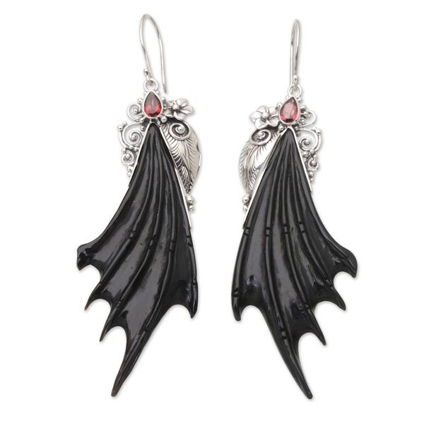 Alternate image for Horn Garnet Sterling Silver Wing Dangle Earrings from Bali Wings of Devil