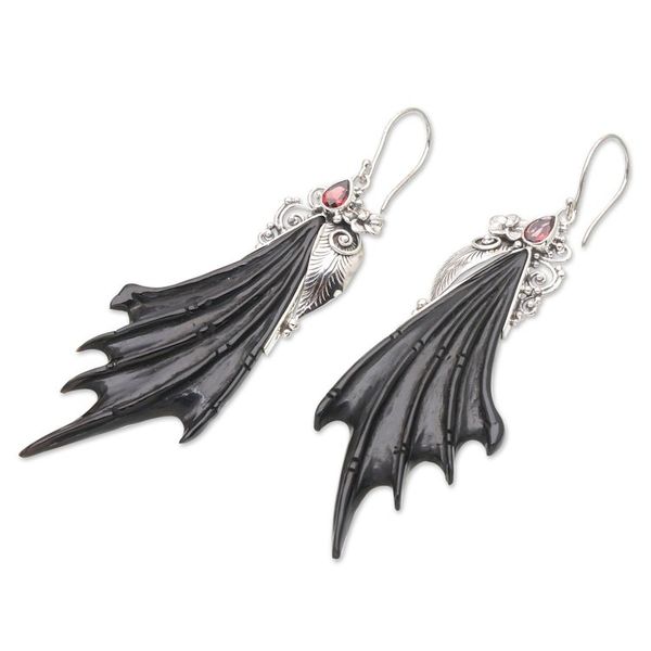 Alternate image for Horn Garnet Sterling Silver Wing Dangle Earrings from Bali Wings of Devil