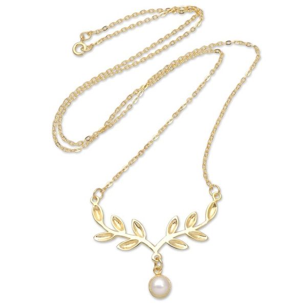Alternate image for 18k Gold-Plated Pendant Necklace with Olive Leaves and Pearl Pearly Victory