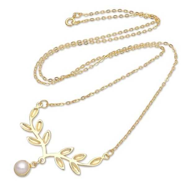 Alternate image for 18k Gold-Plated Pendant Necklace with Olive Leaves and Pearl Pearly Victory