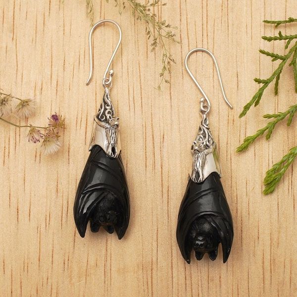 Alternate image for Hand-Carved Sterling Silver Bat Dangle Earrings in Black Dark Bats