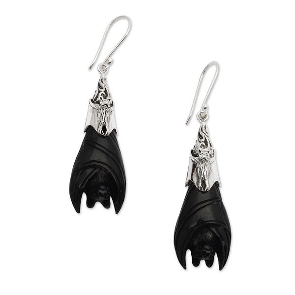 Alternate image for Hand-Carved Sterling Silver Bat Dangle Earrings in Black Dark Bats