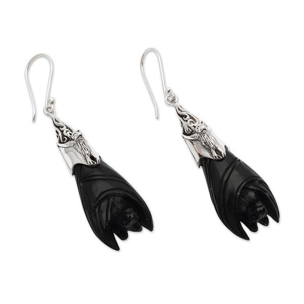 Alternate image for Hand-Carved Sterling Silver Bat Dangle Earrings in Black Dark Bats