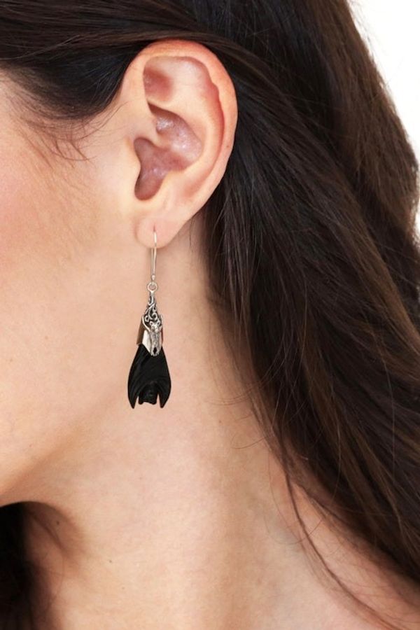 Alternate image for Hand-Carved Sterling Silver Bat Dangle Earrings in Black Dark Bats