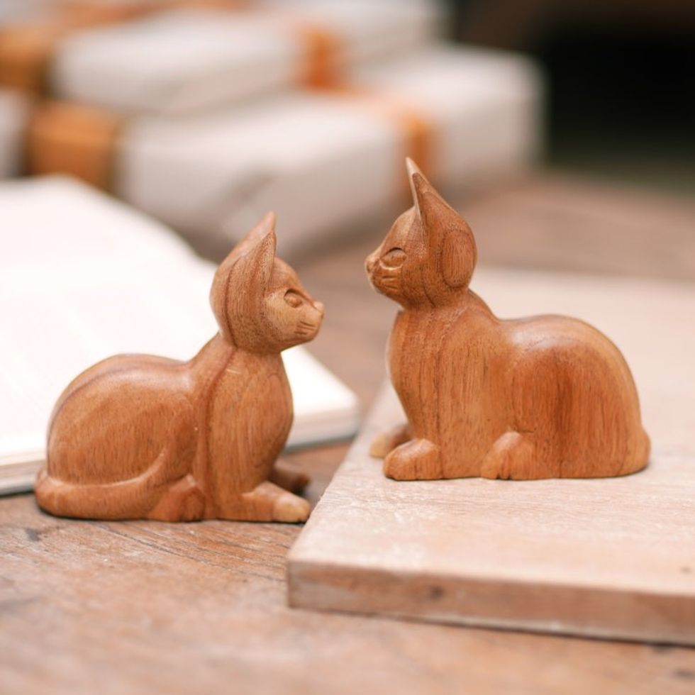 Balinese Hand-Carved Jempinis Wood Cat Sculptures Pair 'Feline Guardians'