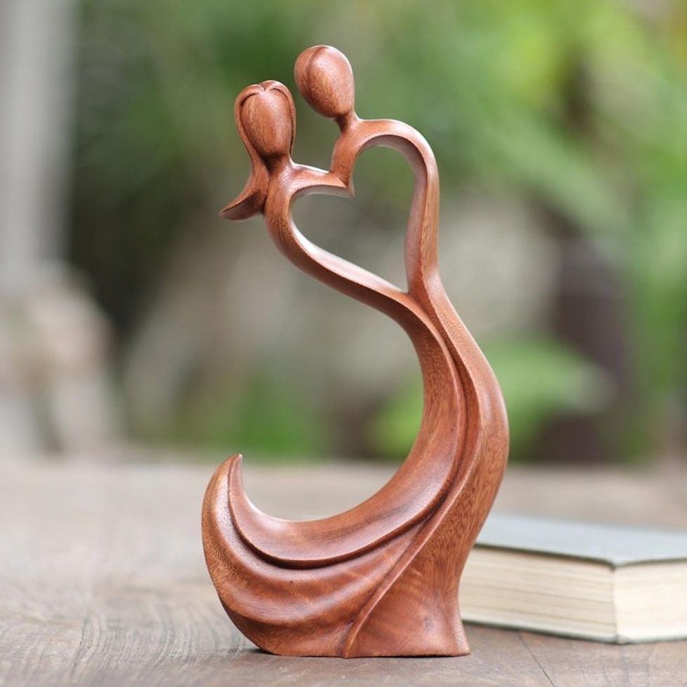 Hand Made Heart-Themed Suar Wood Sculpture 'Sway with Me'