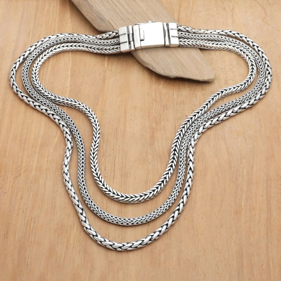 Polished Traditional Sterling Silver Chain Strand Necklace 'Triple Spell'