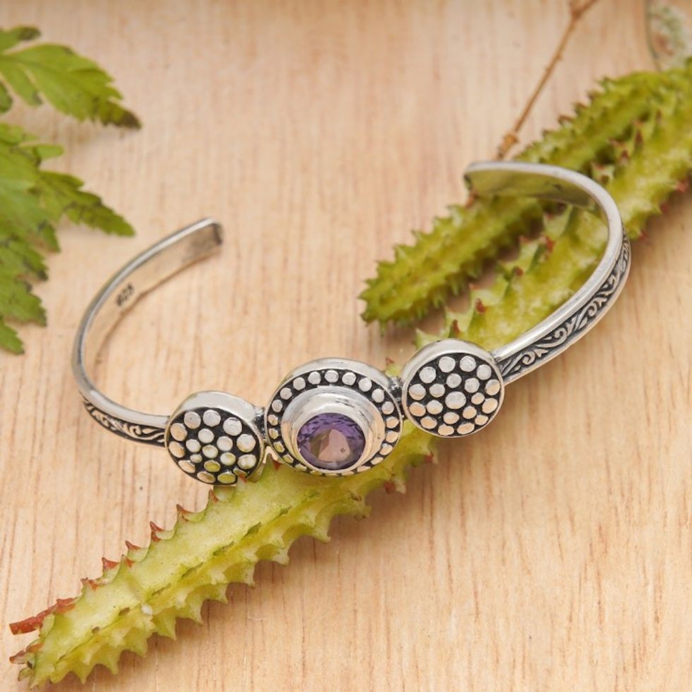 Balinese Sterling Silver Cuff Bracelet with Faceted Amethyst 'Eternal Wisdom'