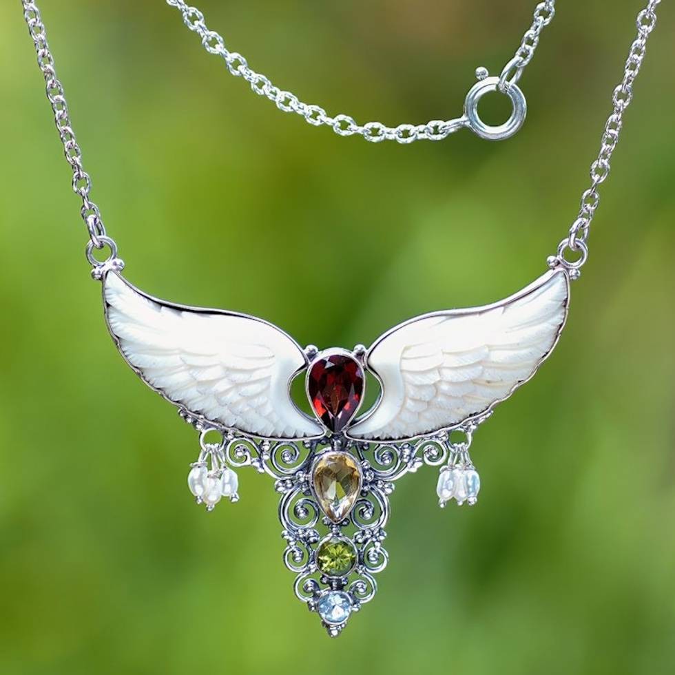 Wing-Themed Multi-Gemstone Pendant Necklace from Bali 'Nocturnal Aura'