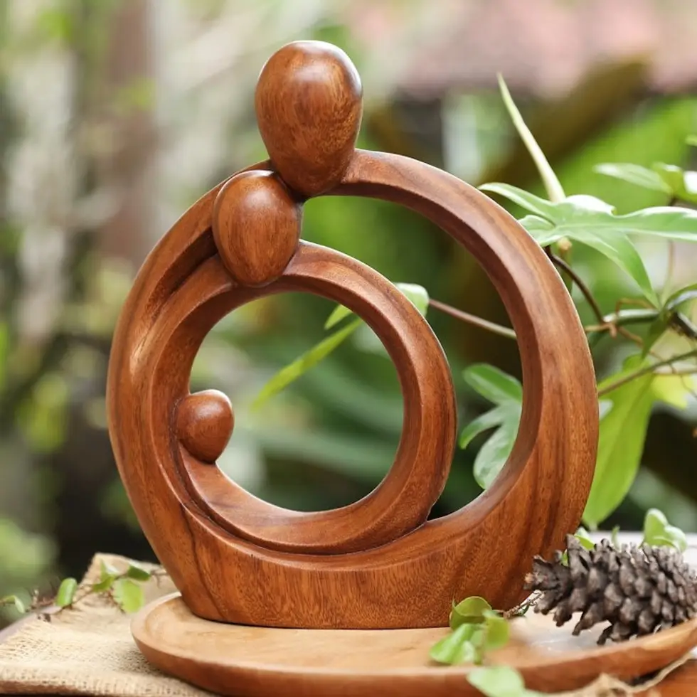 Hand-Carved Abstract Suar Wood Sculpture of a Family 'Never-Ending Love'