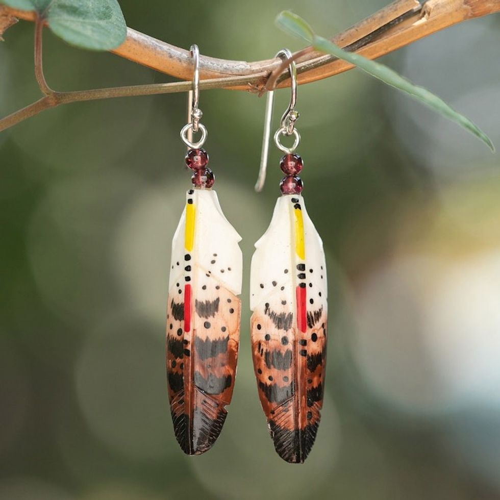 Feather-Shaped Hand-Painted Natural Garnet Dangle Earrings 'Passionate Plumage'