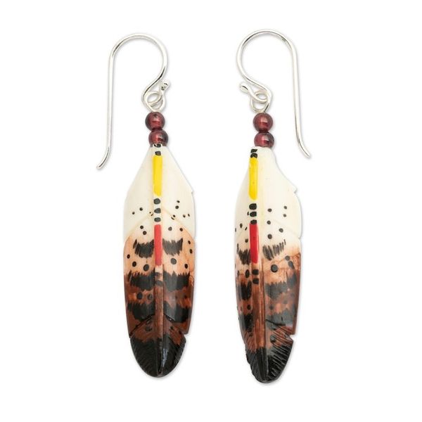 Alternate image for Feather-Shaped Hand-Painted Natural Garnet Dangle Earrings Passionate Plumage
