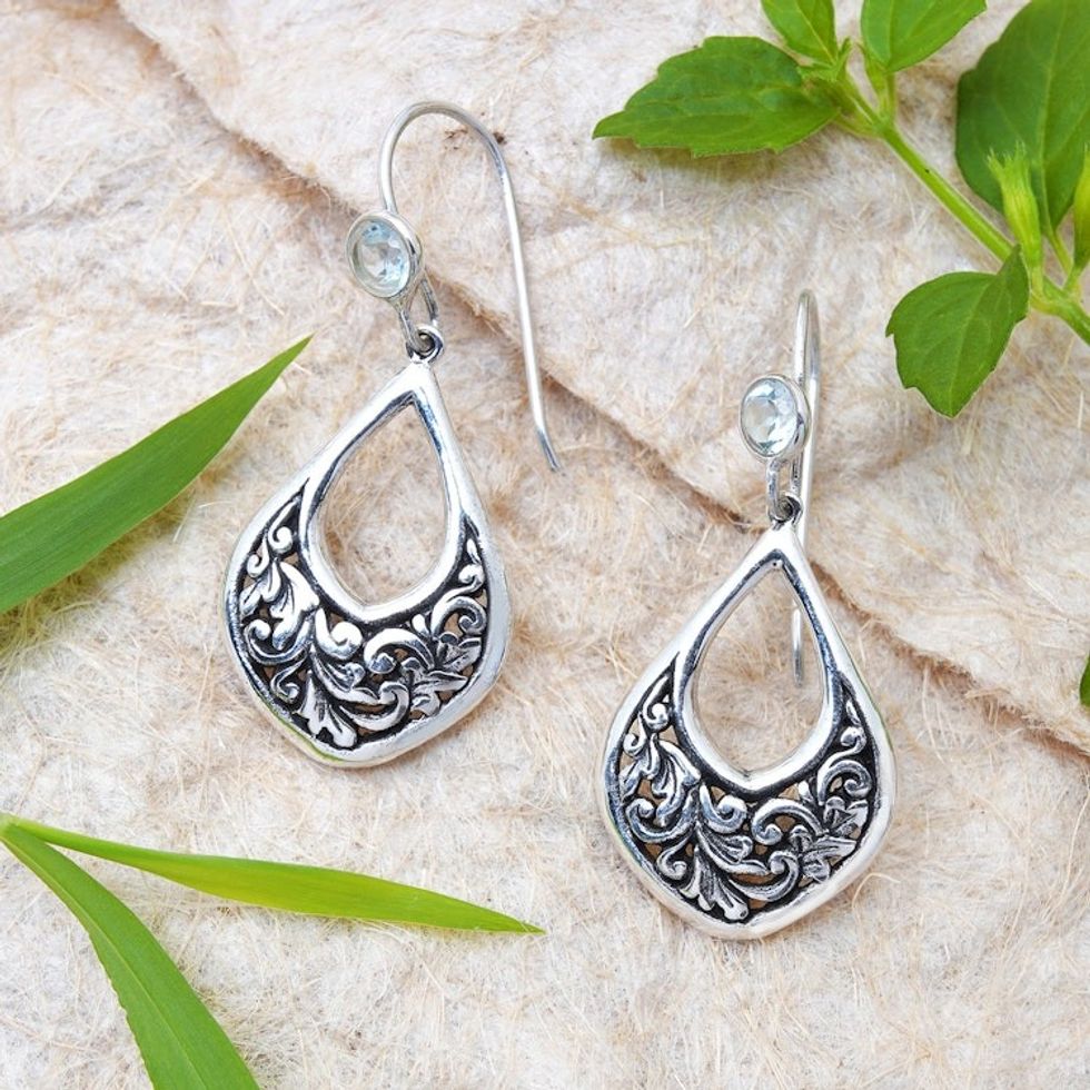 Leaf-Themed Silver Dangle Earrings with Blue Topaz Gemstones 'Garden of Eternity'