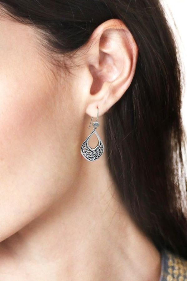 Alternate image for Leaf-Themed Silver Dangle Earrings with Blue Topaz Gemstones Garden of Eternity