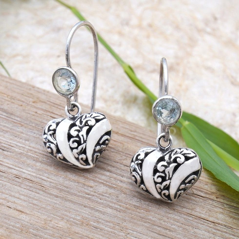 Heart-Shaped Blue Topaz Sterling Silver Dangle Earrings 'Sweet Love'