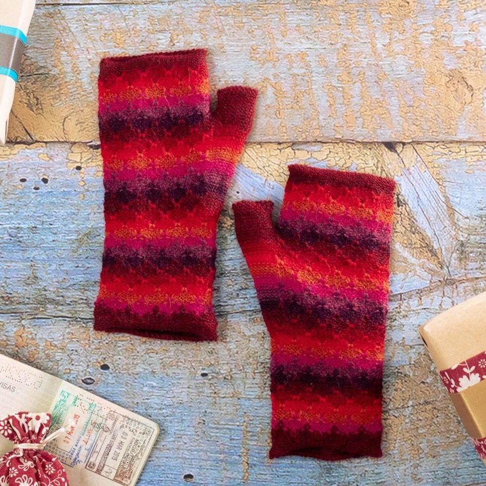 Knit Red Brown and Purple 100 Baby Alpaca Fingerless Mitts 'Seven Color Mountain'