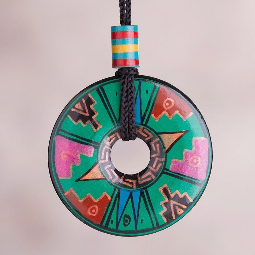 Peruvian Green Ceramic Pendant Necklace with Geometric Motif 'Jade Princess'