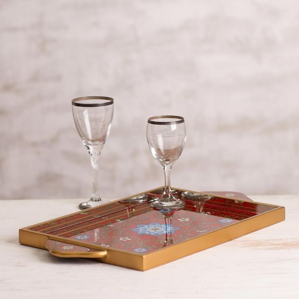 Reverse Painted Glass Serving Tray 'Crimson Garden'