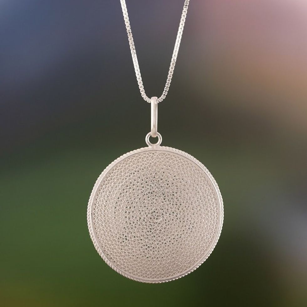 Circular Sterling Silver Filigree Pendant Necklace 'Artisanal Moon'