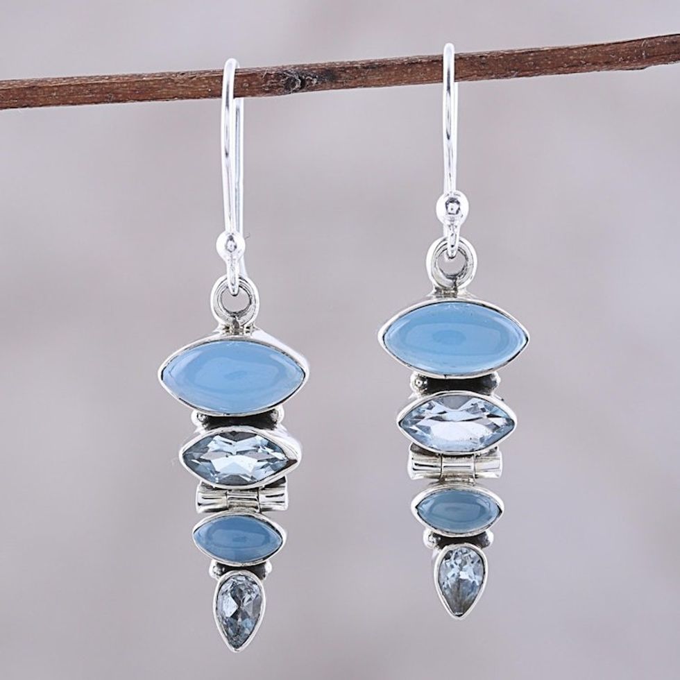 Blue Topaz and Chalcedony Sterling Silver Dangle Earrings 'Falling Stars'