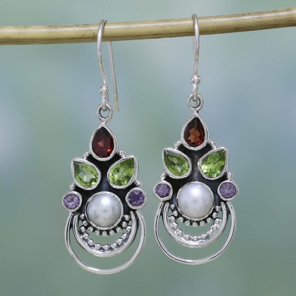 Cultured Pearl and Multigem Dangle Earrings from India 'Crowned Glory'