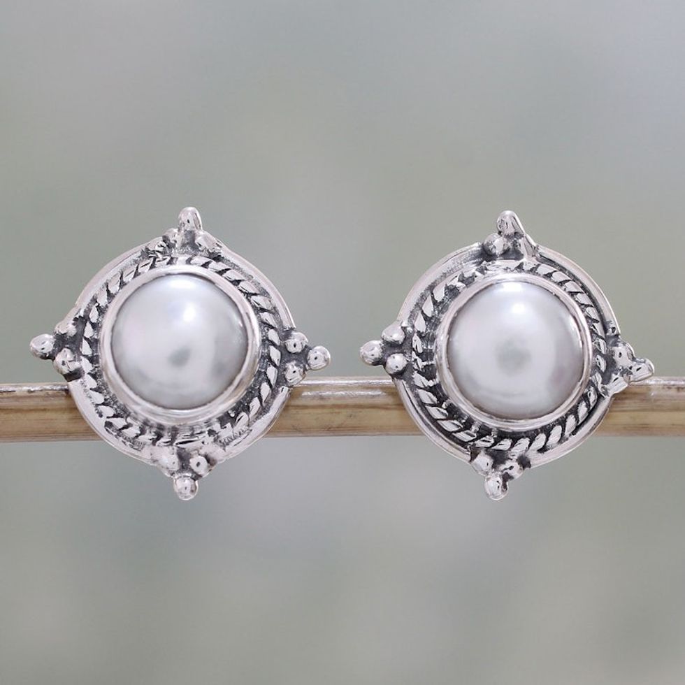 Cultured Pearl and Sterling Silver Earrings from India 'Morning Crowns'