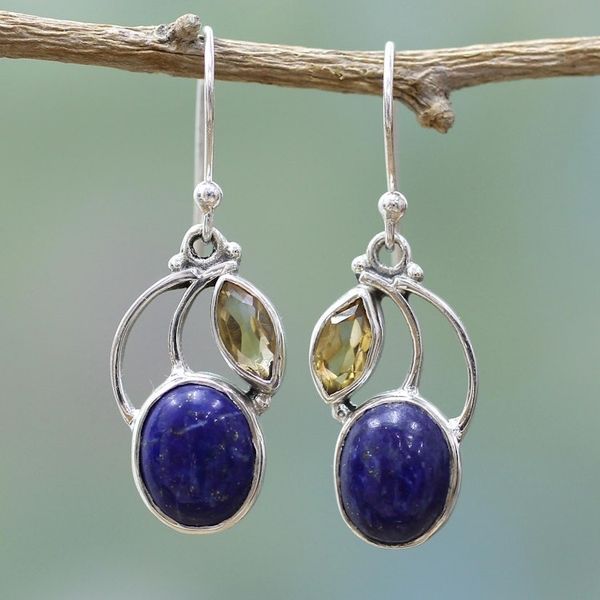 Alternate image for Hand Made Lapis Lazuli Citrine Dangle Earrings India Starry Beauties
