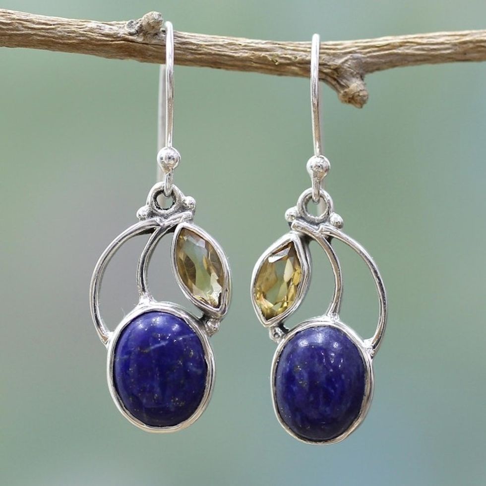 Hand Made Lapis Lazuli Citrine Dangle Earrings India 'Starry Beauties'