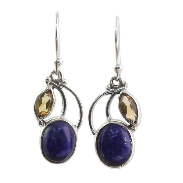Alternate image for Hand Made Lapis Lazuli Citrine Dangle Earrings India Starry Beauties