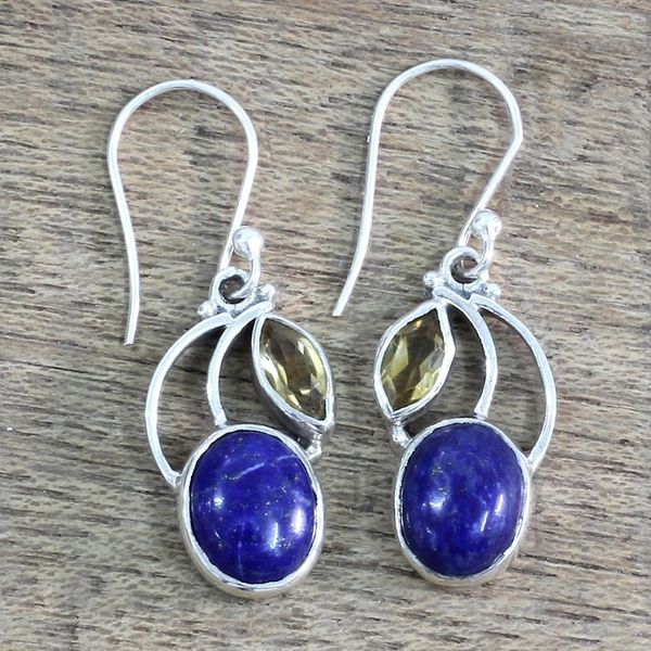Alternate image for Hand Made Lapis Lazuli Citrine Dangle Earrings India Starry Beauties