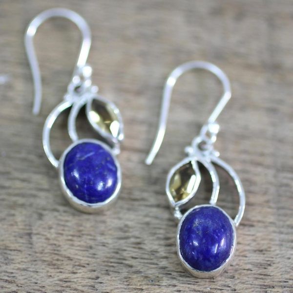 Alternate image for Hand Made Lapis Lazuli Citrine Dangle Earrings India Starry Beauties