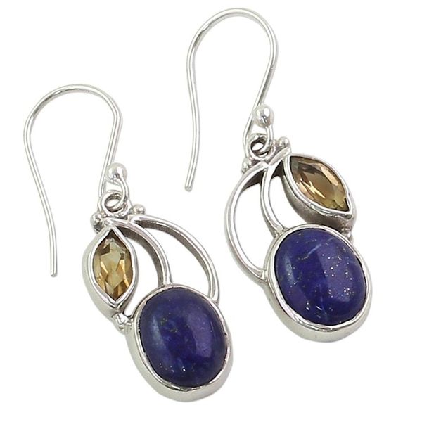 Alternate image for Hand Made Lapis Lazuli Citrine Dangle Earrings India Starry Beauties