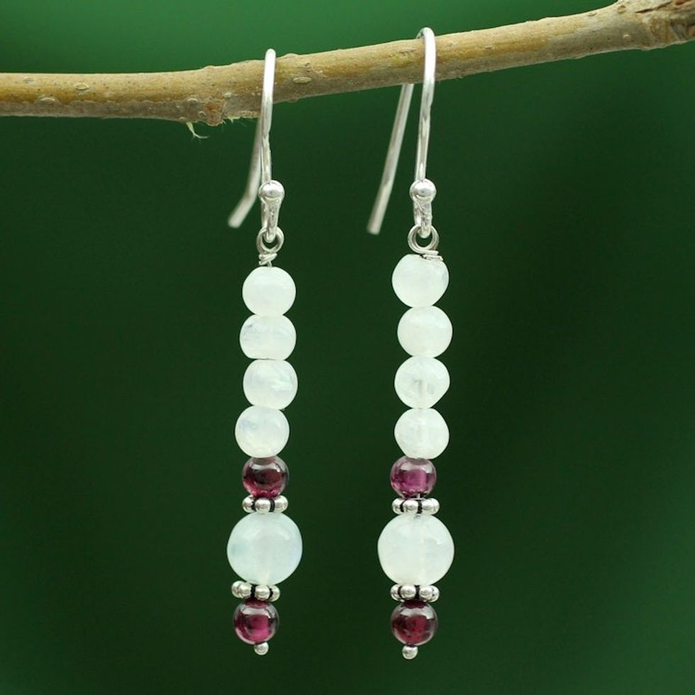 Moonstone and garnet dangle earrings 'Rajasthan Dancer'