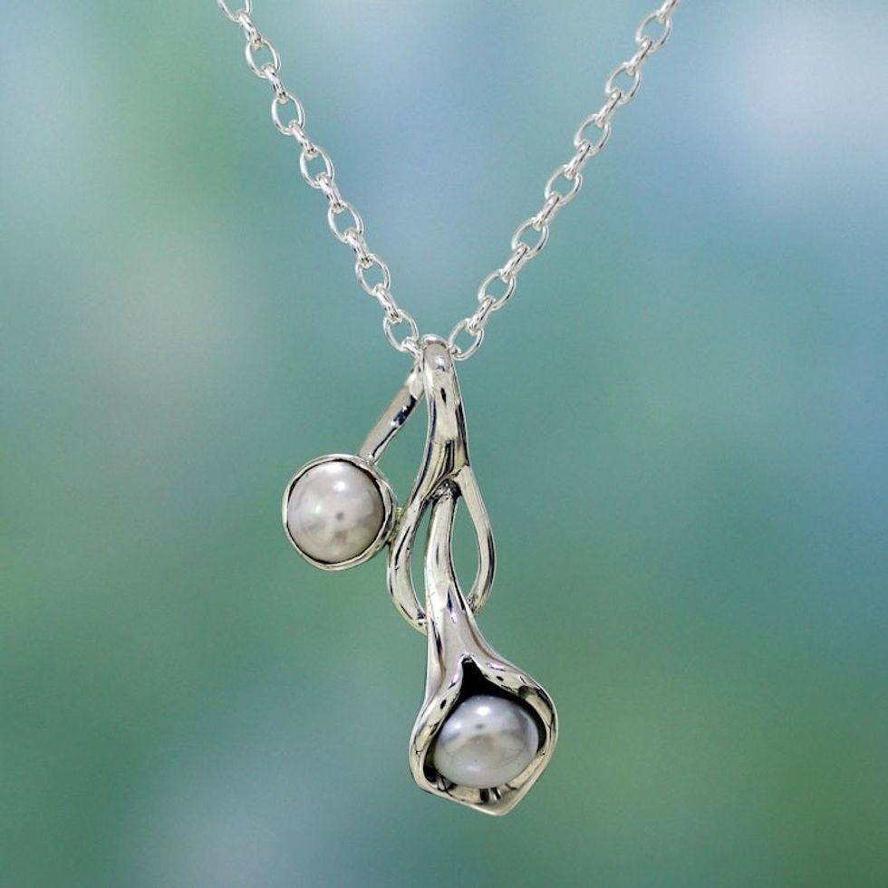 Sterling Silver Pearl Necklace from India Bridal Jewelry 'Calla Lily'