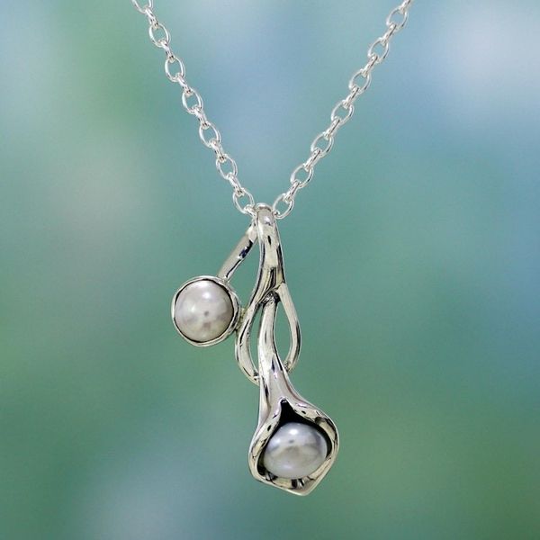 Alternate image for Sterling Silver Pearl Necklace from India Bridal Jewelry Calla Lily