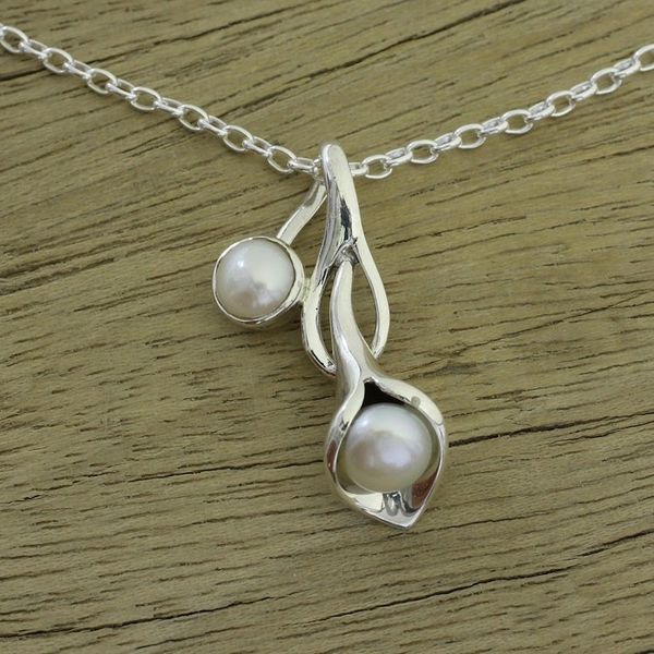 Alternate image for Sterling Silver Pearl Necklace from India Bridal Jewelry Calla Lily