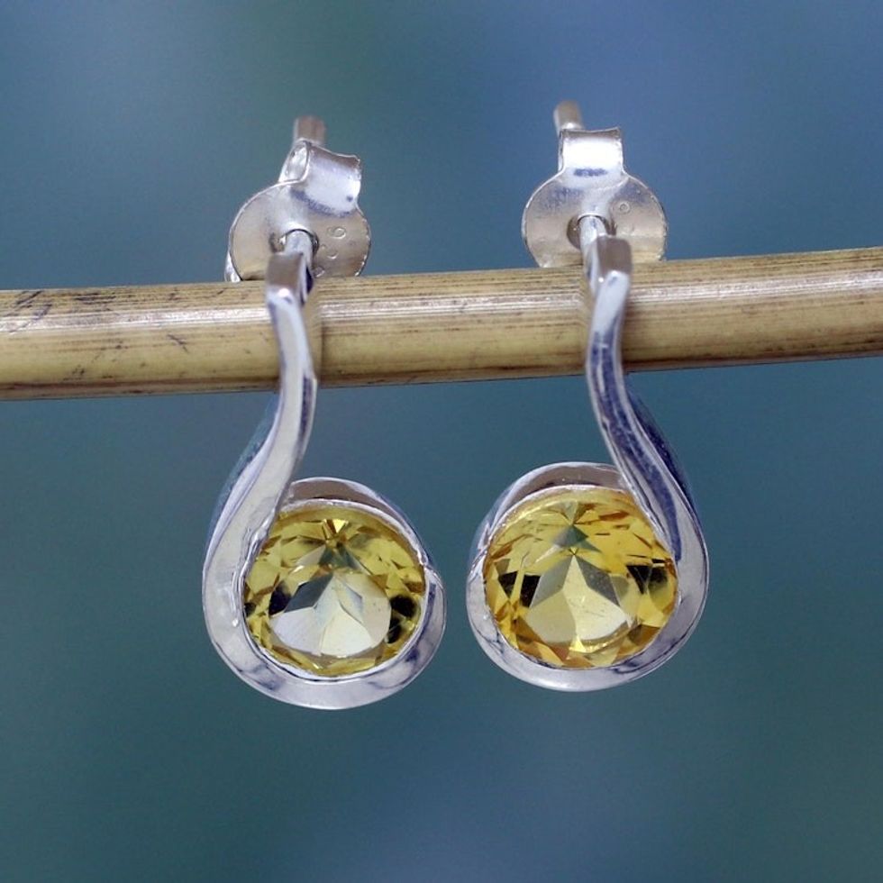 Women's Citrine Earrings Sterling Silver Jewelry from India 'Golden Droplet'