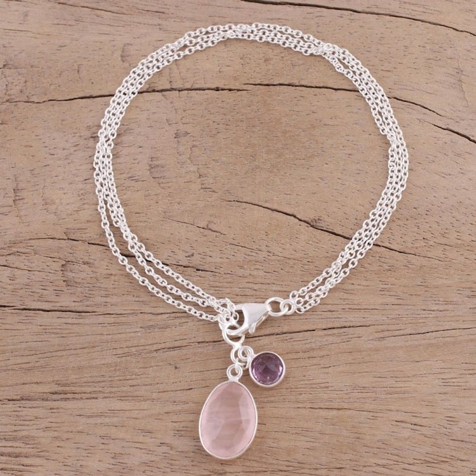 Rose Quartz and Amethyst Charm Bracelet from India 'Twinkling Harmony'