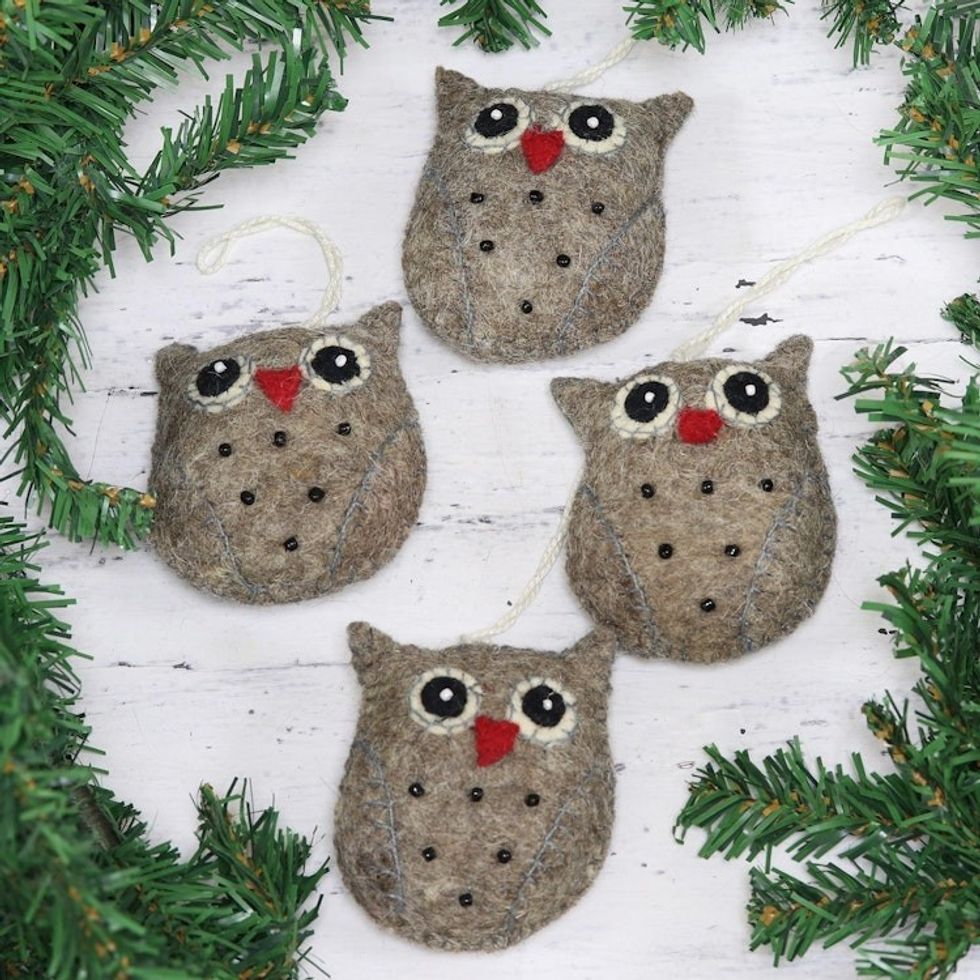 Set of Four Handcrafted Wool Owl Ornaments from India 'Midnight Quartet'