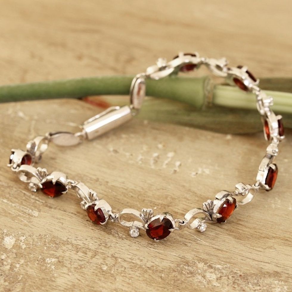 Garnet and Sterling Silver Garden Motif Link Bracelet 'Endless Garden'