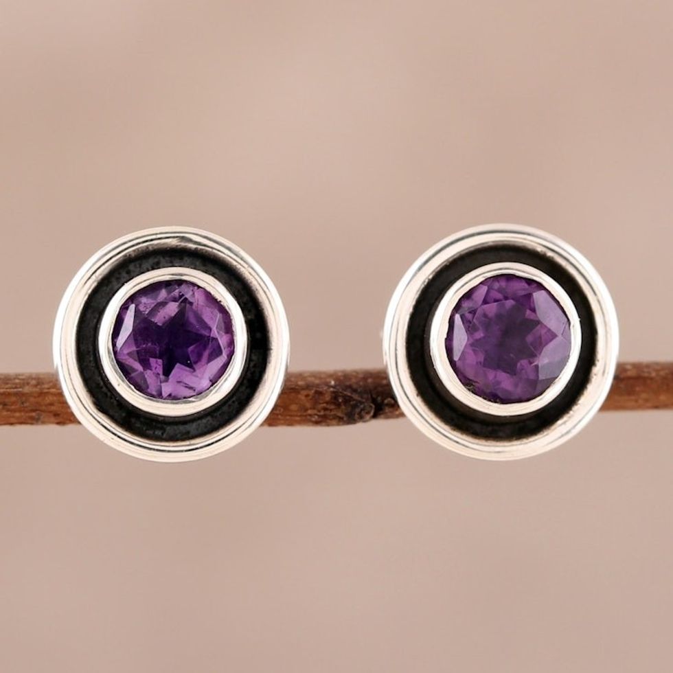 Circular Amethyst Stud Earrings from India 'Graceful Frames'