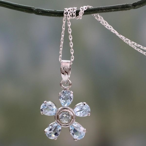 Alternate image for Hand Made Floral Sterling Silver and Blue Topaz Necklace Forget-Me-Not